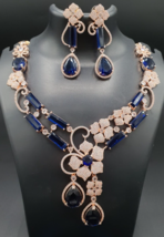 Indian Rose Gold Plated Bollywood Style Choker Blue Necklace CZ Jewelry Set - £99.01 GBP