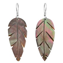 Natural Tropical Forest Leaf Carved Brownlip Seashell Dangle Earrings - £10.27 GBP
