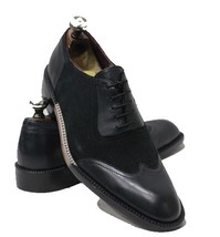 Handmade Men&#39;s Leather Shoes Black Leather &amp; Suede Wing Tip Style Lace Up Dress  - £122.88 GBP