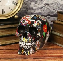 Ebros Day Of The Dead Black Sugar Skull With Floral Tattoo Cranium Skull Statue - £18.92 GBP