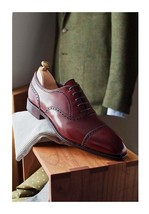 Men&#39;s handmade semi brogue lace up dress shoes, high quality bespoke men... - $125.00