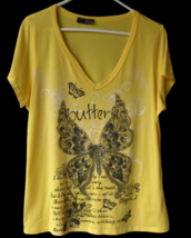 Yellow Black Butterfly Print Embellished Sparkly T-Shirt Top Plus 2X V-Neck - £10.32 GBP