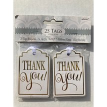 Amscan Thank You 25 Tags Paper With Ribbon 2x3 In Gold Foil Gift Decoration - £4.74 GBP