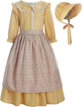 Kids Pioneer Girl Costume Colonial Prairie Floral Dress Apron Bonnet Size 8 - £27.65 GBP