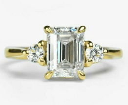 3.00Ct Emerald Cut White Sapphire Engagement Ring 14K Yellow Gold Plated Silver - £92.25 GBP