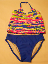 Kids Op Girl SwimSuit Tankini Set  Swimwear L 10-12 Blue Multi UPF 50+ - £13.57 GBP