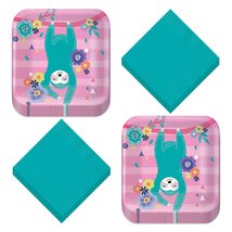 Floral Sloth Teal and Pink Square Paper Dessert Plates and Beverage Napk... - £12.73 GBP