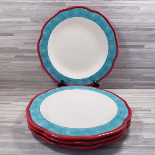 4-The Pioneer Woman Happiness Scalloped 10.5" Dinner Plates Red Teal Blue - $37.80