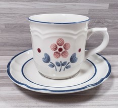 Cumberland Brambleberry Stoneware Tea Cup and Saucer Made in Japan Beige Blue - £14.43 GBP