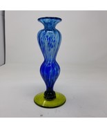 Hand Blown Glass Vase Cobalt Blue Swirl Yellow Base - 8&quot; TALL - £15.62 GBP