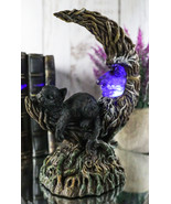 Black Cat Sitting On Crescent Greenman Tree Moon Figurine With LED Night... - $33.99