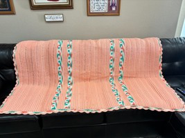 Handmade Crochet Afghan Bed Throw Rest Blanket Peach Green &amp; White 76”X 56” - $18.32
