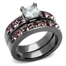 Princess Cut Pink and Clear CZ Wedding Set LT Black Plated Stainless Steel TK316 - £19.23 GBP