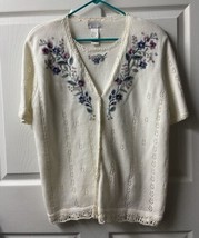 Koret Faux  Short Sleeve Sweater Set Womens Size Medium Cream with Embroidered - £15.65 GBP