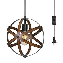 Plug In Pendant Hanging Light, Wood Grain Industrial Style Metal Globe Vintage C - £50.35 GBP