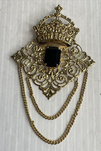 vintage crown Crest Brooch Pin With Attached Chains 5” 1980s Retro - £19.42 GBP
