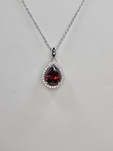 Pear Dark Garnet CZ and White Round CZ Halo Pendant and Chain, Sterling - £22.31 GBP