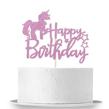 Unicorn Happy Birthday Cake Topper - Pink Glitter Cake Topper Birthday - £12.86 GBP