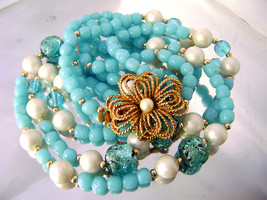 Vintage Blue Glass, Pearl, Foil Bead Necklace Gilt Dogwood Flower Clasp   - $38.00