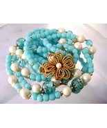 Vintage Blue Glass, Pearl, Foil Bead Necklace Gilt Dogwood Flower Clasp   - £30.37 GBP