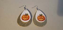 Faux Leather Dangle Earrings (New) Jack O Lantern On Gold - £4.41 GBP