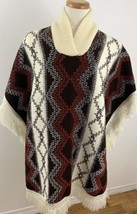 Vintage 60-70’s Boho Knit Poncho Sweater Fringe Geometric OSFM Shawl Collar - £29.15 GBP