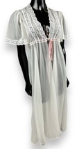 Vtg DreamAway Nylon Chiffon Sheer Evening Robe Peignoir Wedding White Pink Lace - £19.39 GBP