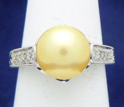 NEW Pearl Solitaire &amp; 1/3ct Diamond Ring REAL Solid 14K White Gold 6.3 g Size 7 - £983.96 GBP