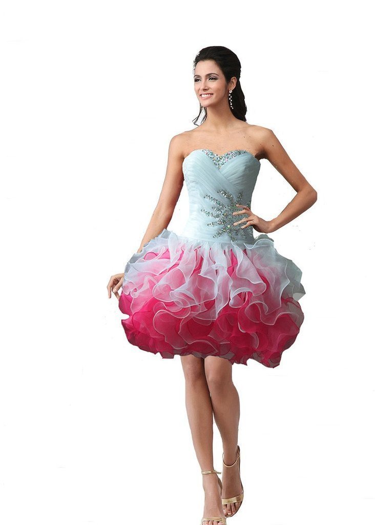 Kivary Beaded Sweetheart Ruffles White Fuchsia Pink Short Prom Homecoming Dresse