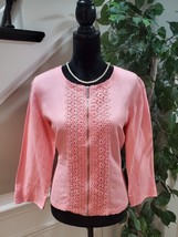Ruby Rd. Women Pink Lace Floral Linen Long Sleeve Casual Full Zip Jacket Size 12 - £21.96 GBP