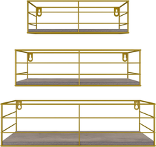 Gold Wall Mounted Shelves Set of 3, Floating Hanging Shelf for Bathroom, Living - £29.48 GBP