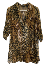 New York Company Sheer Leopard Print Tunic Womens M BoHo Roll Tab PopOve... - $13.65
