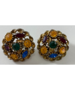 Vintage Gold Tone 1 in Assorted Rhinestone Wreath Clip On Earrings - €16,21 EUR