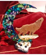Crescent Moon Majestic Wolf Statue Decor Mixed Media Handmade Shelf Mant... - €11,11 EUR