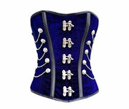 Blue Velvet Black Leather Stripes Chain Gothic Halloween Costume Overbust Corset - £53.71 GBP