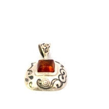 Vintage Signed Silpada Sterling Puffed Etched Swirl Cognac Amber Square Pendant - £50.39 GBP