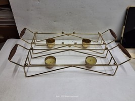 Set MCM Gold Metal Rectangle Casserole Serving Dish Holder Warmer Wood H... - $32.21