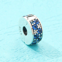 925 Sterling Silver Mosaic Shining Elegance Blue Crystals CZ Clip Charm - £11.73 GBP