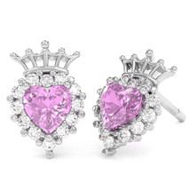 Lab-Created Pink Sapphire Diamond Claddagh Motive Earrings in 14k White Gold - £478.81 GBP