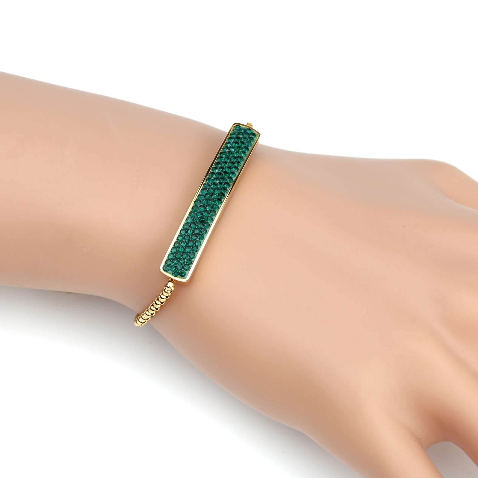 Gold Tone Bolo Bar Bracelet, Emerald Green Swarovski Style Crystals