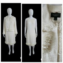 St. John Couture Cream White Tweed Jacket &amp; Dress Set Fringed/Wedding 8 - $648.45