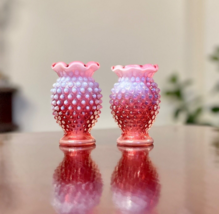 Fenton Cranberry Opalescent Hobnail Vases Crimped Art Glass 2pc Set MCM VTG 3.8” - £29.73 GBP