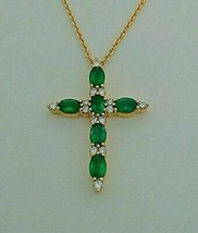 2Ct Oval Cut Green Emerald Cross Pendant with free Chain 14k Yellow Gold Finish - £88.27 GBP