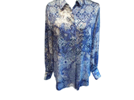 Chico&#39;s Lady&#39;s Blouse 1 Medium Blue Navy White Fron Button Placket Long Sleeve - £16.67 GBP