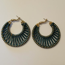 Women&#39;s Teal Thread Woven Wrapped Gold Tone Accent Circular Hoop Earrings - $24.75