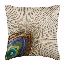 Peacock Feather Ivory Art Silk 16&quot;x16&quot; Decorative Pillow Covers, Peacock Beauty - £24.15 GBP+