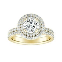 3CT Coupe Ronde Lab-Created Moissanite Halo Engagement Bague 14K Jaune Plaqué Or - £83.57 GBP