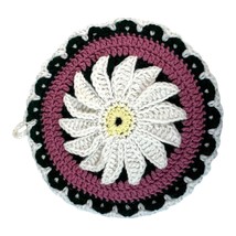 Handmade Crochet Daisy Design 3d Spriral Flower Potholder 9” Round Green &amp; Pink - $18.69