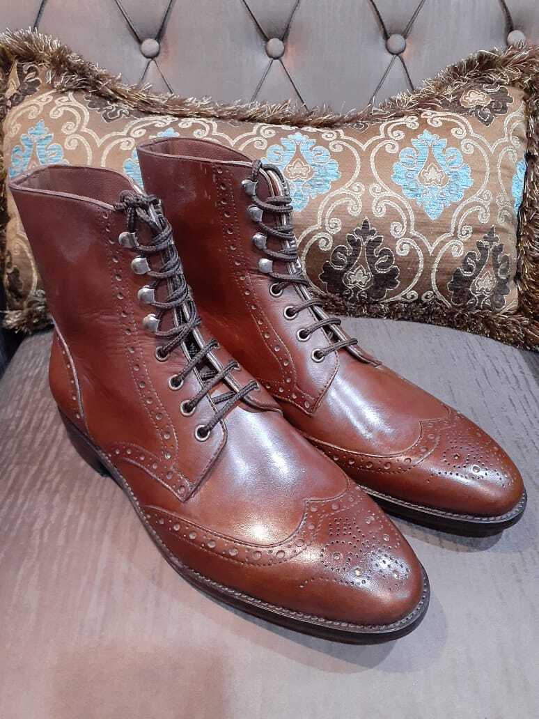 Primary image for Handmade Men's Brown Round Toe Lace up Leather ankle boots, leather dress boots