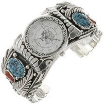 Native Navajo Turquoise &amp; Coral Watch, Big Boy Bracelet, Mens Sterling Cuff s7-8 - £561.07 GBP+